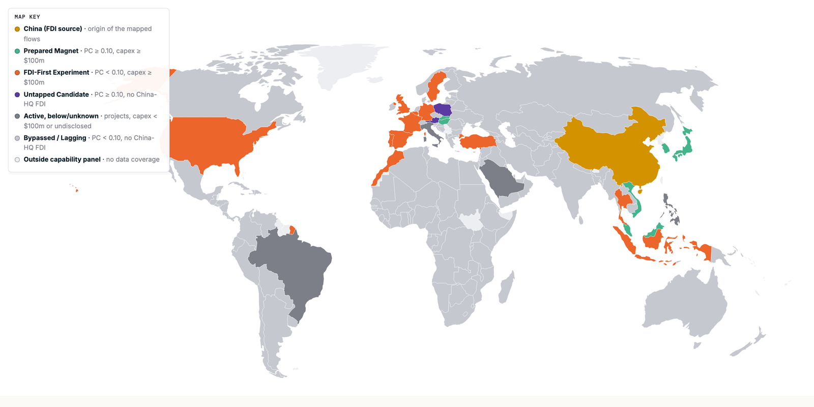 World map of battery FDI readiness colored by quadrant