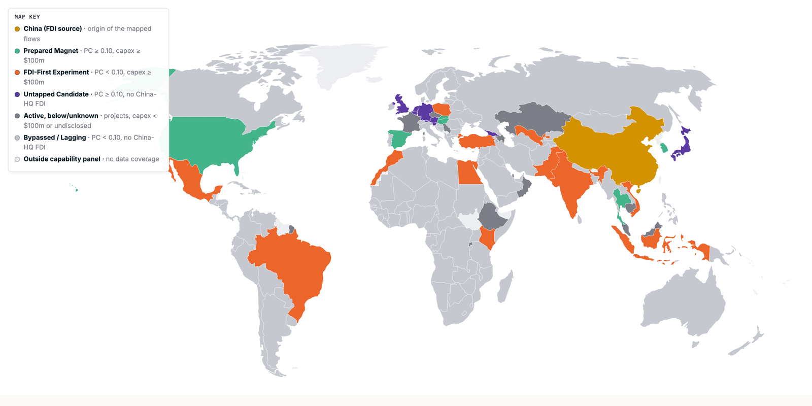World map of EV FDI readiness colored by quadrant