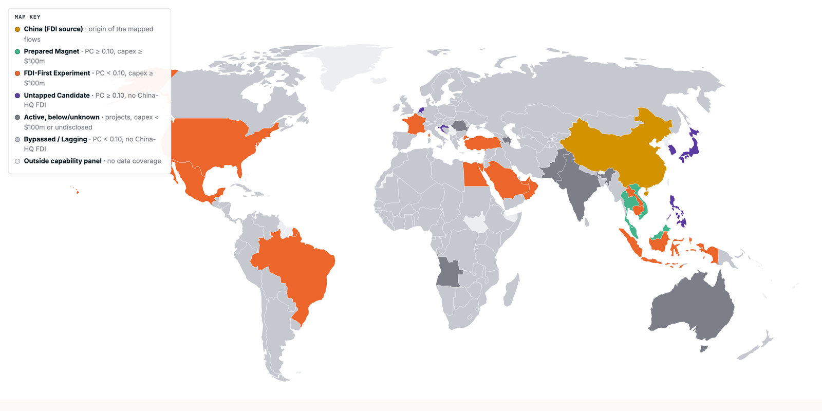 World map of solar FDI readiness colored by quadrant
